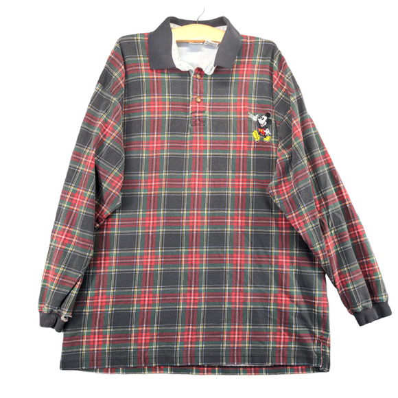 The Disney Store Mens Mickey Mouse Polo Shirt Red Plaid XXL Long Sleeve Cotton - Picture 1 of 13